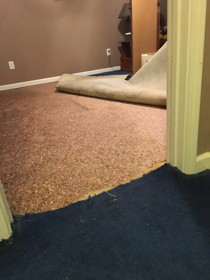 Carpet pad removal revealing water damage during Water Mitigation Services in Marco Island